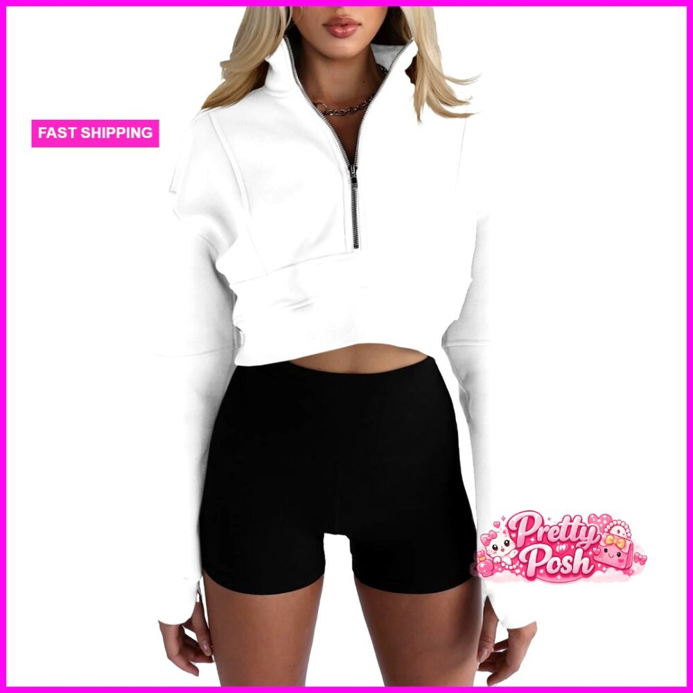 Half Zipper Cropped Sweatshirt With Thumb Holes, Fleece-Lined